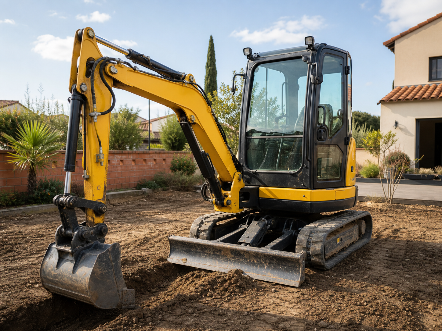 Mini-pelle jaune sur chantier de terrassement résidentiel à Toulouse