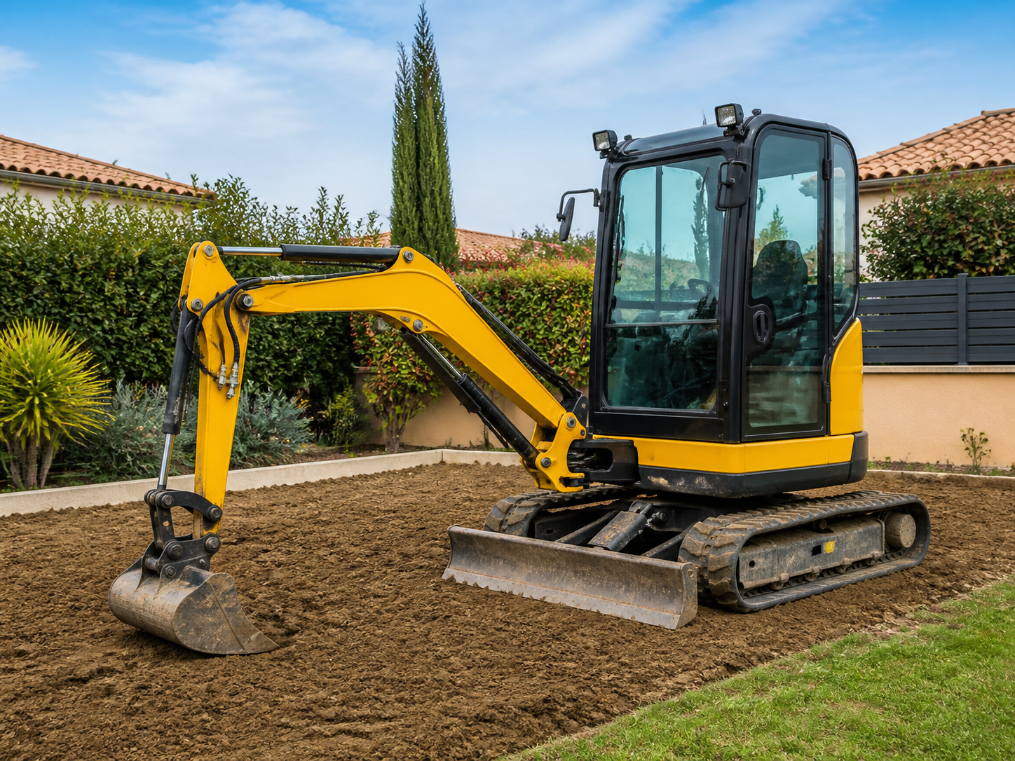 Mini-pelle jaune nivelant un jardin autour de Toulouse