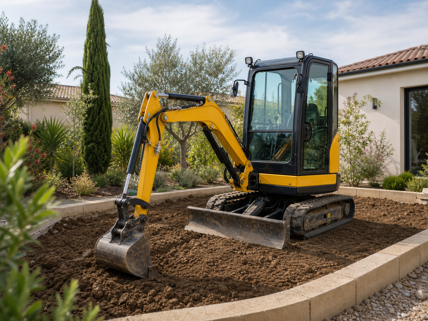 Mini-pelle jaune nivelant une terrasse de jardin