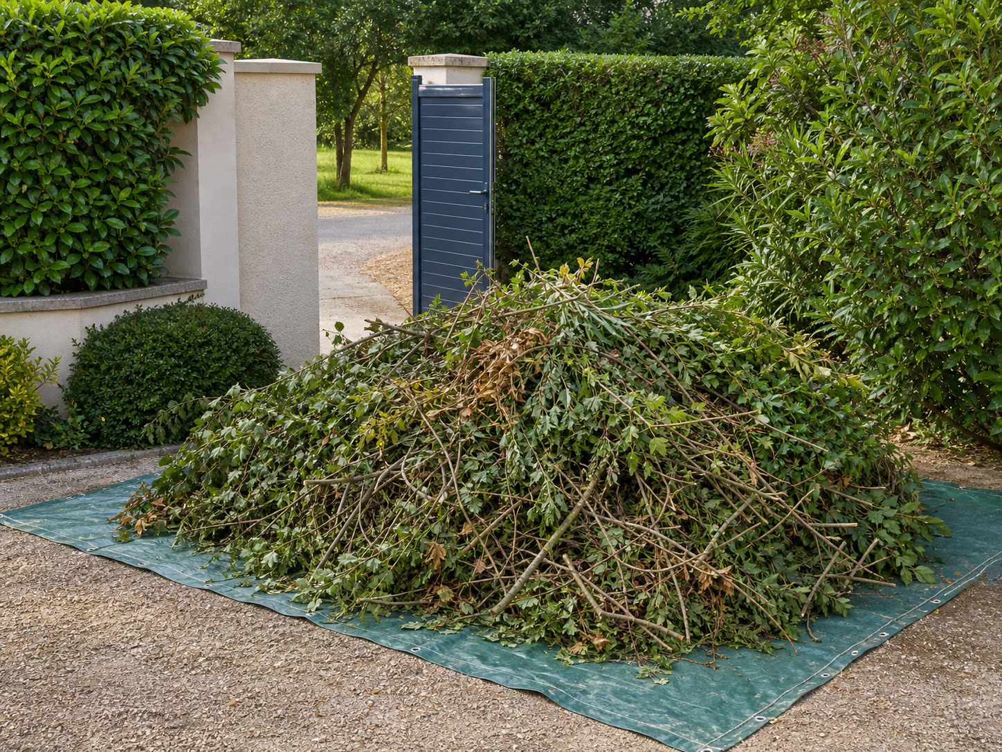 Déchets verts regroupés pour évacuation dans un jardin à Toulouse