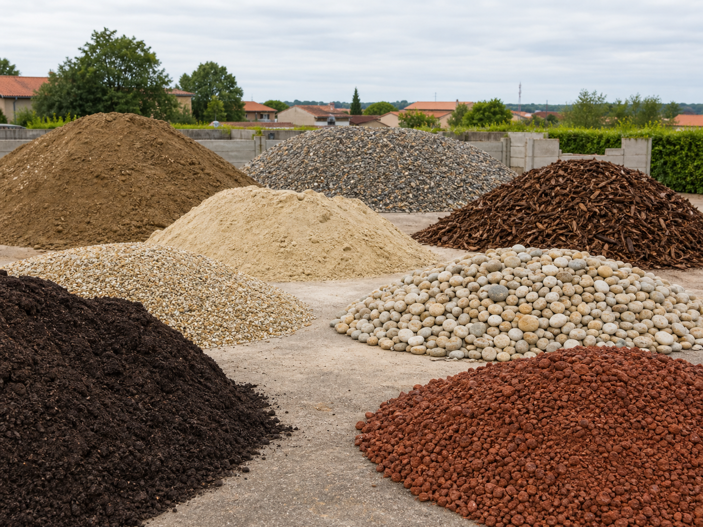 Piles de compost, terre végétale, sable, gravier et pouzzolane sans mini-pelle