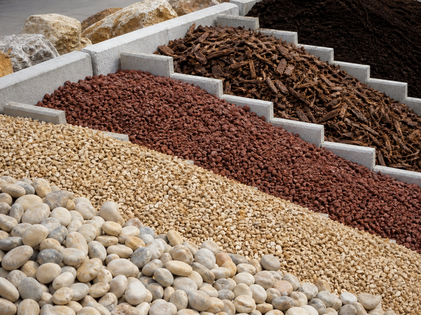 Gravier, galets, cailloux, écorce de pin, compost et pouzzolane sans engin
