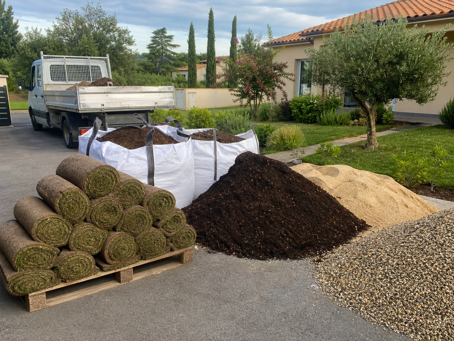 Livraison de terreau, gazon, compost, sable et gravier devant une maison sans mini-pelle
