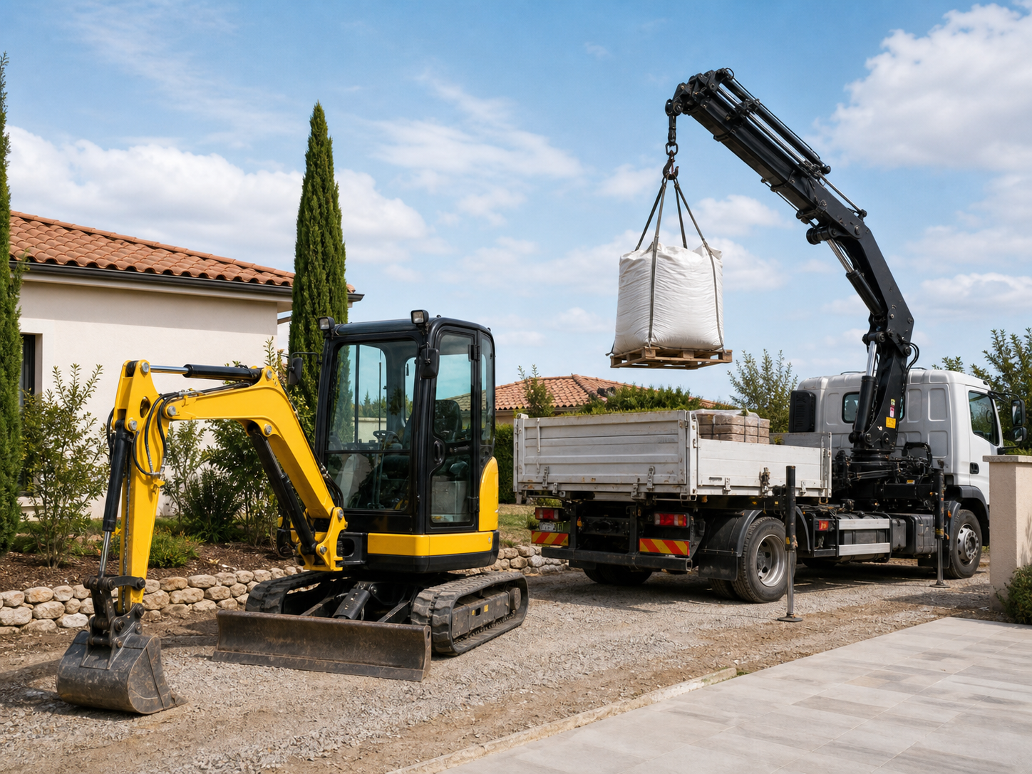 Camion grue livrant des matériaux sur un chantier à Toulouse