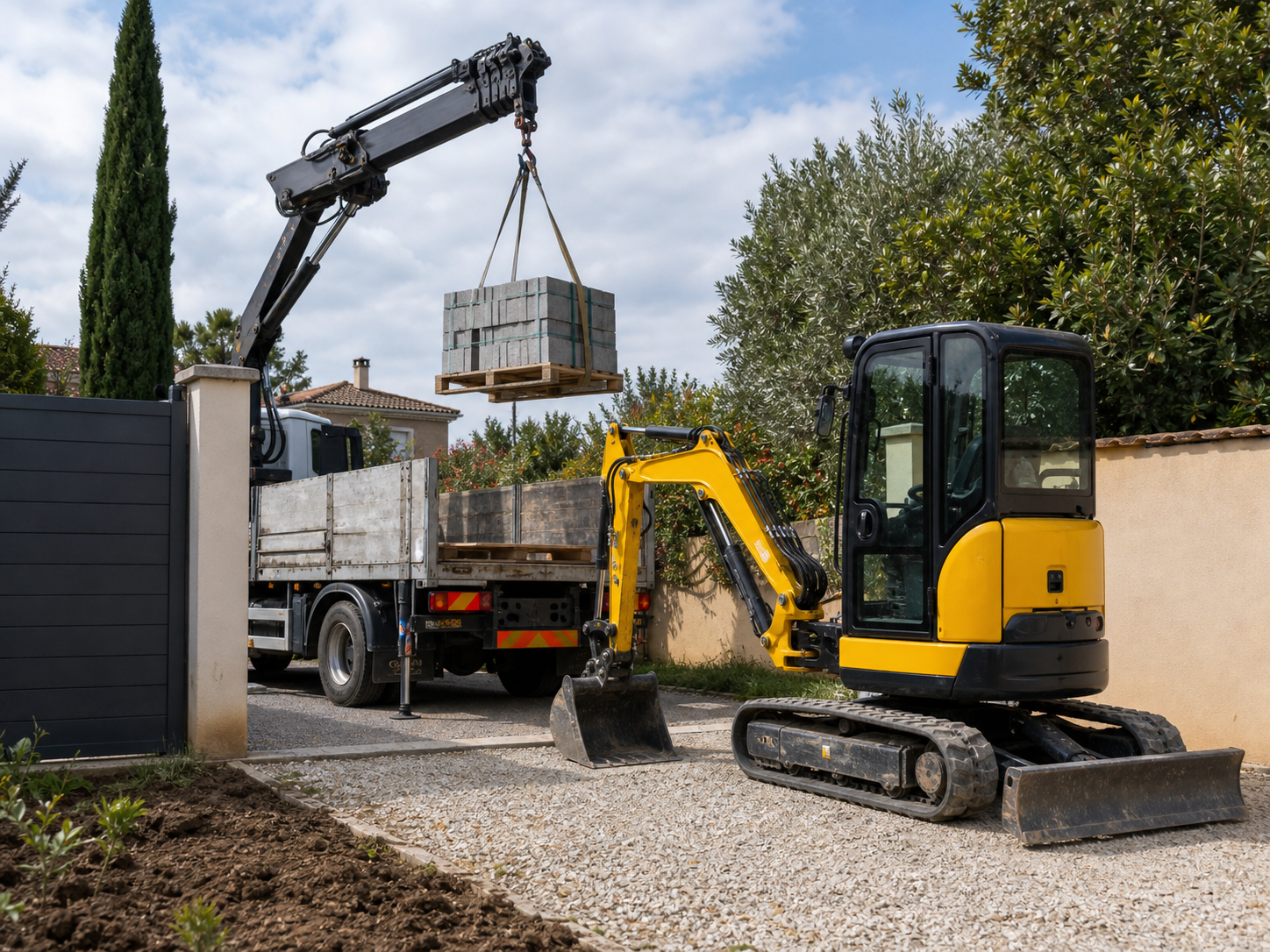 Dépose de big bags et matériaux avec camion grue