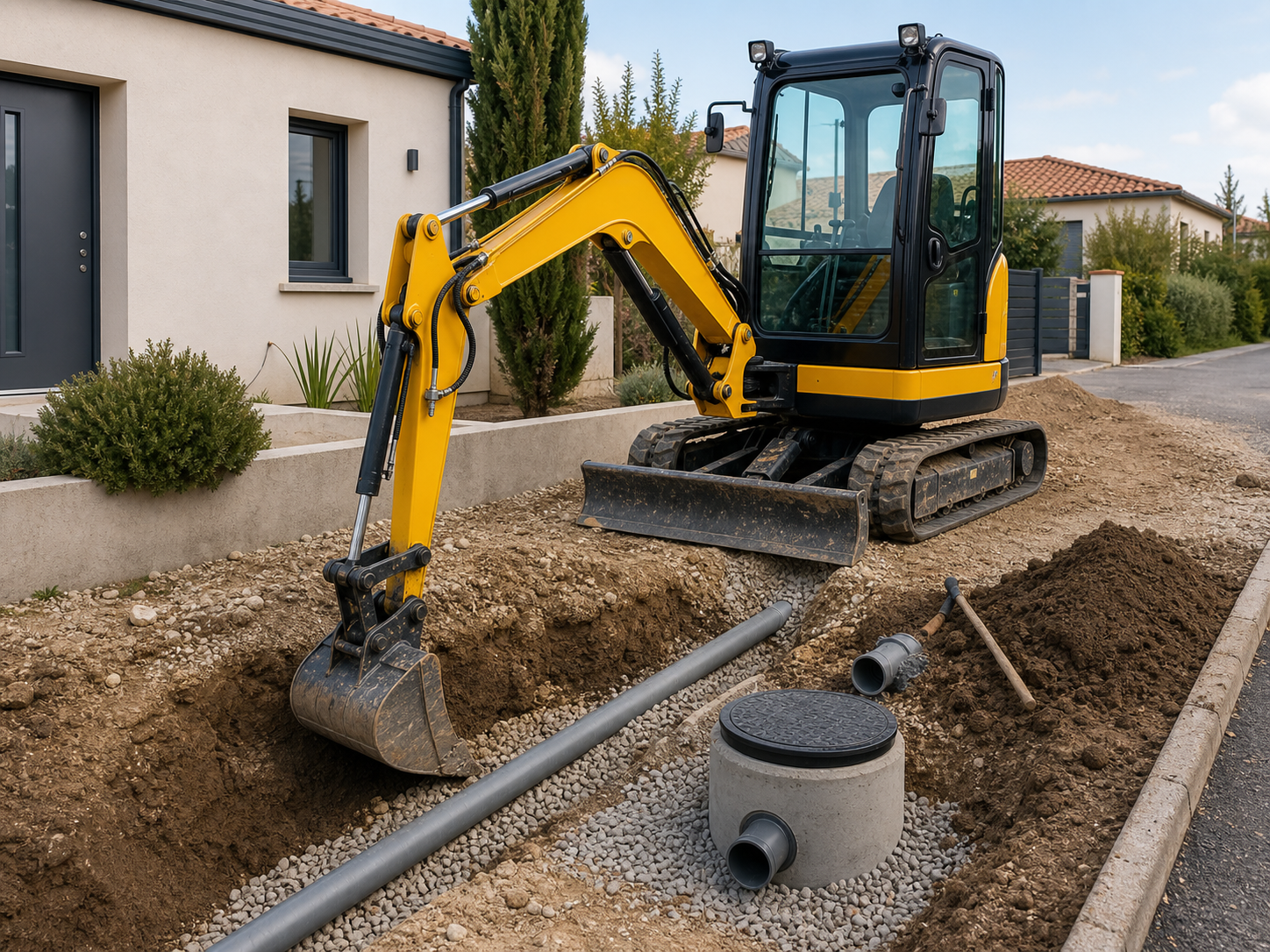Mini-pelle jaune préparant un raccordement entre maison et voirie